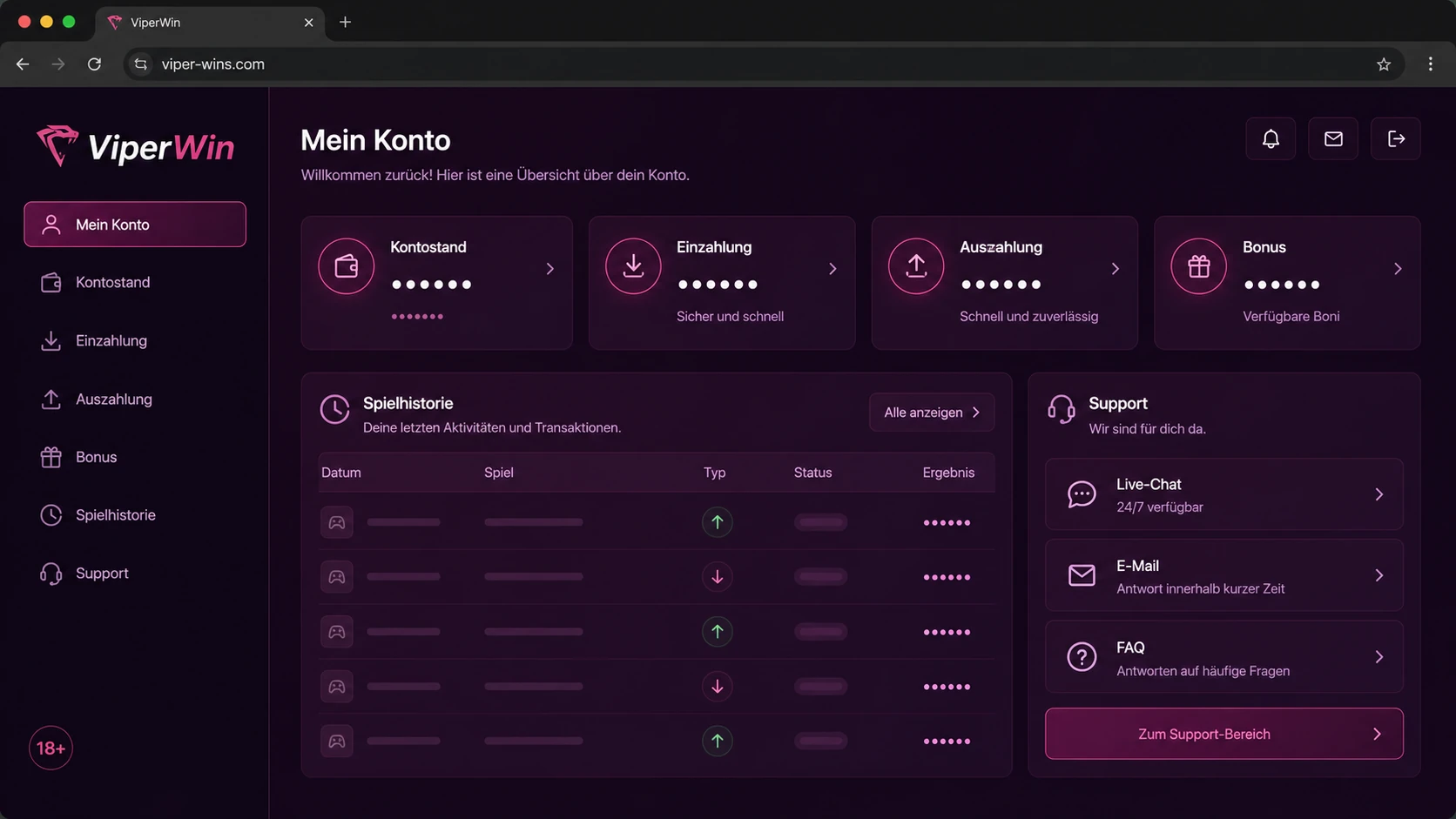 Spielerkonto nach dem Login verwalten